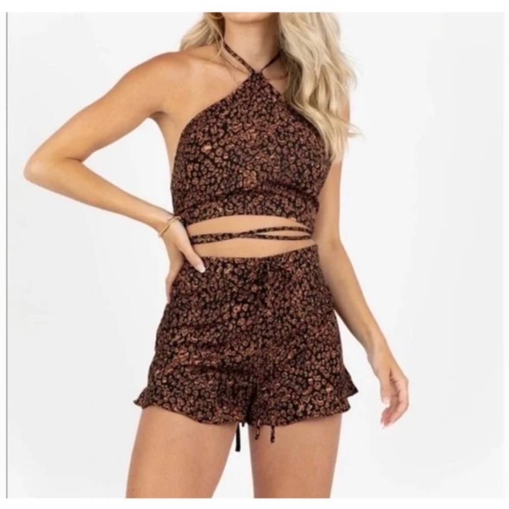 Kittenish Two-Piece Satin Leopard Cheetah Shorts and Tank Set